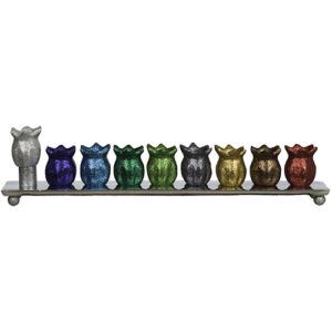 חנוכיה רימונים עם תחתית מאלומיניום עם קנים בגוון גליטר צבעוני 35 ס"מ