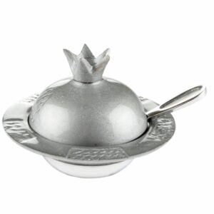 כלי מהודר לדבש עם כפית מאלומיניום בצורת רימון אמייל כסף עם נצנצים 8x12 ס"מ