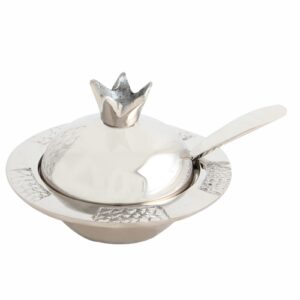 כלי מהודר לדבש עם כפית מאלומיניום בצורת רימון אמייל כסף ואפור 8x12 ס"מ