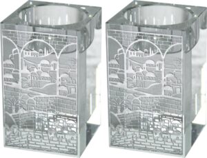 : זוג פמוטי קריסטל מרובע עם פלקטה ירושלים 8 ס"מ