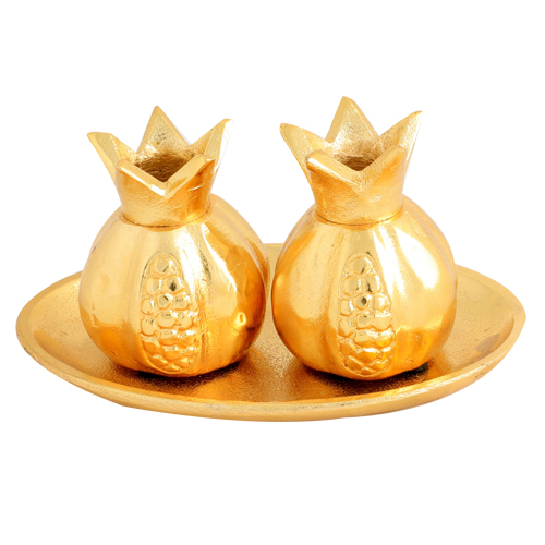 פמוטי אלומיניום "רימון" זהב עם מגש 11x17 ס"מ