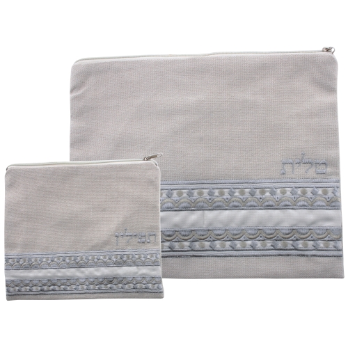 סט טלית תפילין פשתן בז' עם רקמה גווני זהב וכסף 29X35 ס"מ