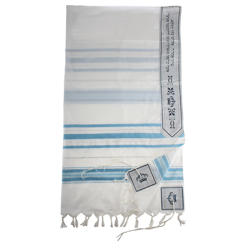 טלית אקרילן גודל 55 - 185x130 ס"מ פסים תכלת וכסף