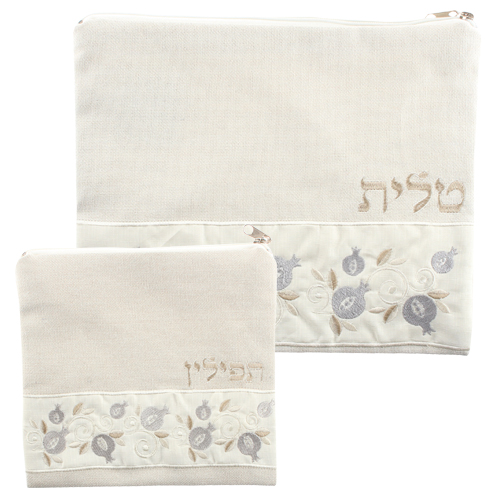 סט טלית תפילין פשתן בז' עם ריקמה "רימונים" 29X35 ס"מ