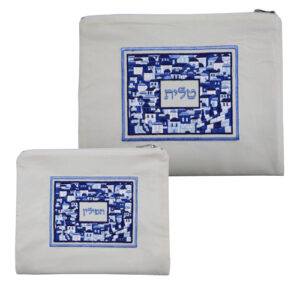 סט טלית תפילין קטיפה מדיום לבן עם ריקמה ירושלים 36*29 ס"מ