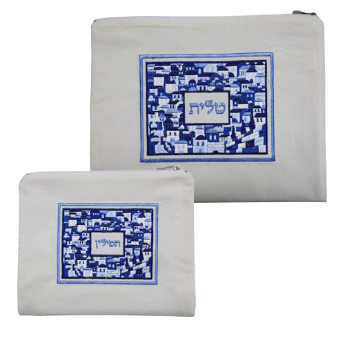 סט טלית תפילין קטיפה מדיום לבן עם ריקמה ירושלים 36*29 ס"מ