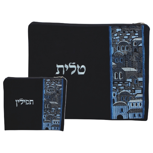 סט טלית תפילין קטיפה מדיום עם ריקמה ירושלים 36*29 ס"מ