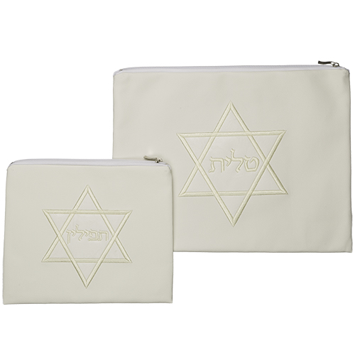 סט טלית תפילין דמוי עור מהודר "מגן דוד" גוון בז 30X37 ס"מ