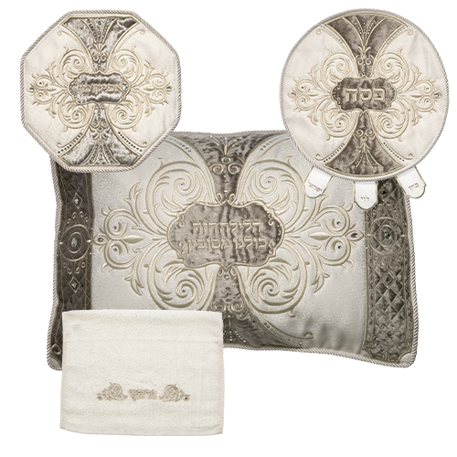 סט פסח מפואר משובץ באבנים 4 חלקים: כיסוי פסח+אפיקומן+כיסוי כרית+מגבת - כולל כרית