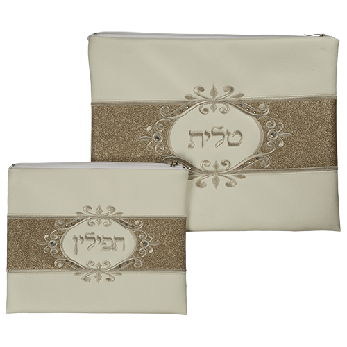 סט טלית תפילין מהודר דמוי עור לבן משובץ אבנים עם נצנצים בגוון נחושת במרכז 30X37 ס"מ