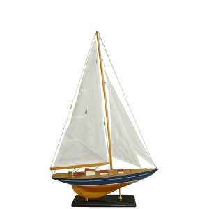 יאכטה מפרש בז´ עבודת יד מעץ בצבע טבעי עם פס כחול 60x88 ס"מ