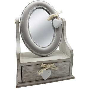 קופסת תכשיטים גדולה מעץ עם מראה אובלית ומגירה