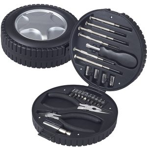 ערכת כלים רב תכליתי במארז פלסטיק קשיח בעיצוב גלגל צמיג
