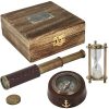 סט כולל מצפן, שעון חול וטלסקופ בקופסת עץ וינטג´