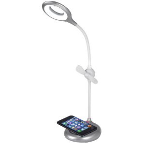 מנורת שולחן לד עם מטען אלחוטי בבסיס ומאורר